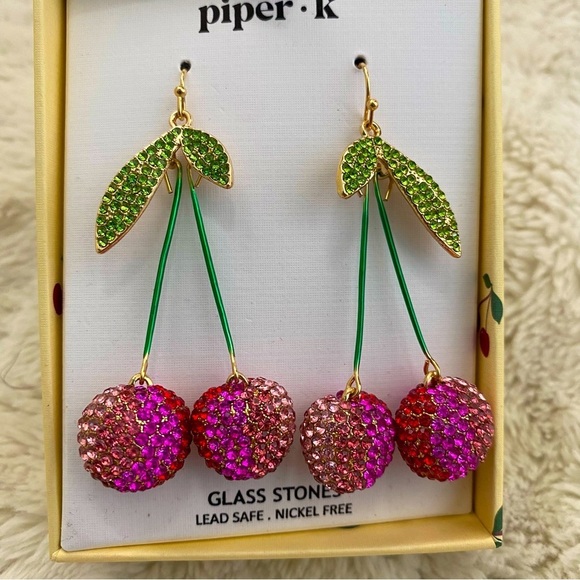 Crystal Cherry Statement Dangle Earrings Pink Green NIB - Picture 7 of 10